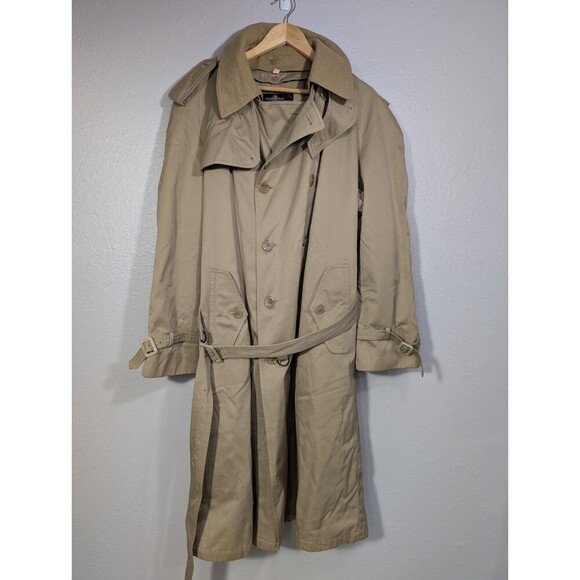 Vintage Oleg Cassini Men Tan Trench Coat 42 R Removable Wool Lining Belted 128